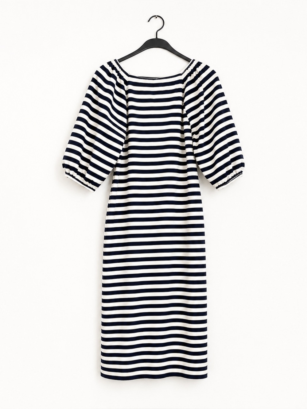 Eliza J Navy and White Striped Puff-Sleeve Midi Dress